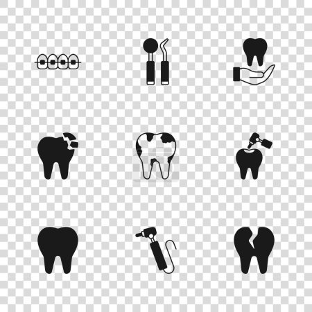 Set Zahnbohrer, mit Karies und, Gebrochener Zahn, Zahnspange, Spiegelsonde und Symbol. Vektor