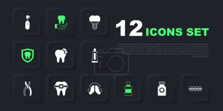 Set Toothache painkiller tablet, Teeth with braces, Broken tooth, Mouthwash, Dental protection,  and plate icon. Vector