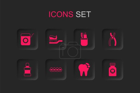 Set Teeth with braces, Toothbrush toothpaste, Dental floss, Broken, pliers, Toothache painkiller tablet, and and Mouthwash icon. Vector