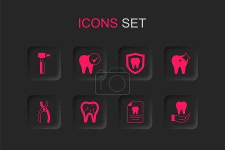 Set Broken tooth, Tooth, drill, Clipboard with dental card, whitening, Dental protection and pliers icon. Vector