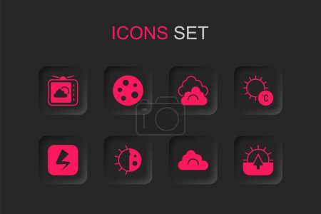 Set Day night cycle, Moon, Weather forecast, Cloud, Sun, Sunrise,  and Lightning bolt icon. Vector