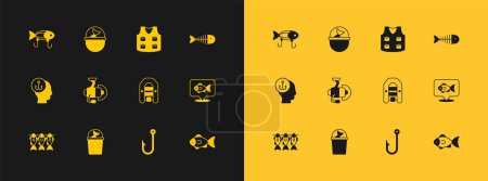 Set Fish skeleton, Fishing bucket with fish, Inflatable boat motor, hook, Spinning reel for fishing, jacket, lure and  icon. Vector