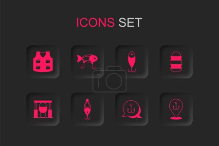 Illustration for Set Fishing lure, jacket, hook, net,  and Campfire and pot icon. Vector - Royalty Free Image