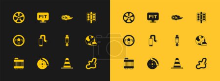 Set Rennampel, Bremsscheibe mit Bremssattel, Stoßdämpfer, Verkehrskegel, Schalldämpfer, Feuerflamme, Leichtmetallrad für Auto und Boxenstopp-Symbol. Vektor