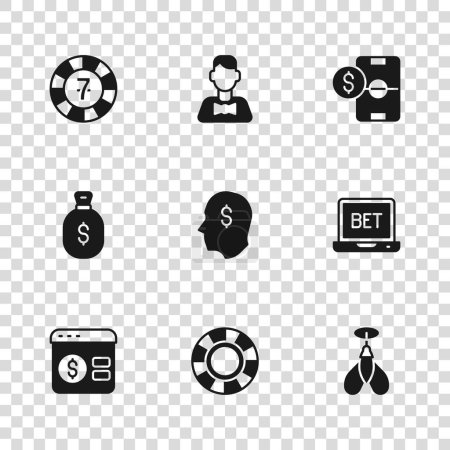 Set Casino-Chips, Online-Sportwetten, Dart-Pfeil, Glücksspieler, Fußballgeld, Händler und Geldbeutel-Symbol. Vektor