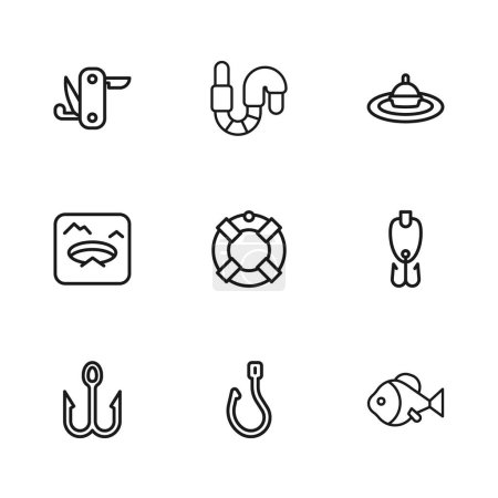 Set line Fishing hook, lure, Lifebuoy, float water, Swiss army knife, Worm and Winter fishing icon. Vector