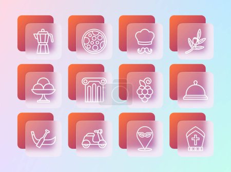 Set line Olives branch, Scooter, Grape fruit, Carnival mask, Ancient column, Italian cook, Coffee maker moca pot and Pizza icon. Vector