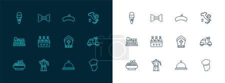Set line Map of Italy, Coffee maker moca pot, Pope hat, Covered with tray food, Bottles wine, French beret, Ice cream waffle and Macaroni icon. Vector