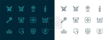 Illustration for Set line Castle tower, Medieval helmet, Crusade, Shield, Skull with sword and swords icon. Vector - Royalty Free Image