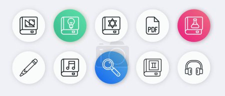 Set line Magnifying glass, Chemistry book, Pencil with eraser, Book, PDF file document, Jewish torah, Headphones and Audio icon. Vector