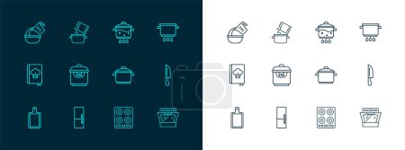 Set line Cooking pot on fire, Refrigerator, Gas stove, Slow cooker, Measuring cup and bowl and spice icon. Vector