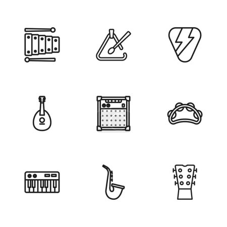 Set line Saxophone, Tambourine, Guitar neck, amplifier, pick, Xylophone, Triangle musical instrument and Mandolin icon. Vector