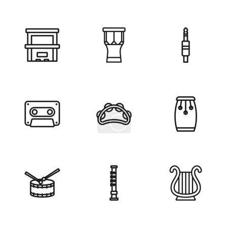 Set line Flute, Conga drums, Ancient Greek lyre, Tambourine, Audio jack, Piano, African percussion and Retro audio cassette tape icon. Vector