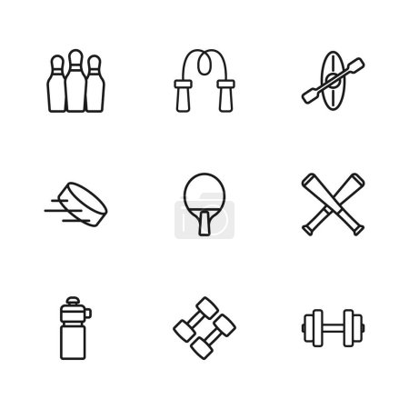 Set line Dumbbell, Crossed baseball bat, Racket, Kayak and paddle, Bowling pin, Jump rope and Hockey puck icon. Vector