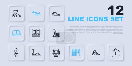 Set line Slide playground, Sandbox with sand, Kid slide pipe, Swedish wall, Attraction carousel, Bumper, Seesaw and Swing icon. Vector