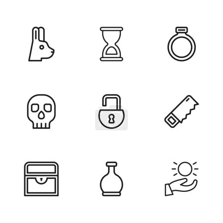 Set line Bottle with potion, Hand saw, Ball levitating above hand, Open padlock, Magic stone ring, Rabbit ears, Old hourglass and Skull icon. Vector