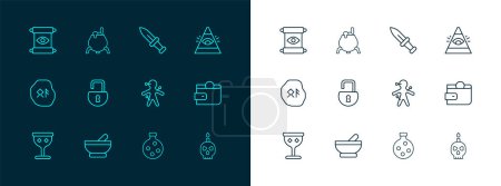 Set line All-seeing eye of God, Witch cauldron, Voodoo doll, Bottle with potion, Open padlock, Dagger, Magic scroll and  icon. Vector
