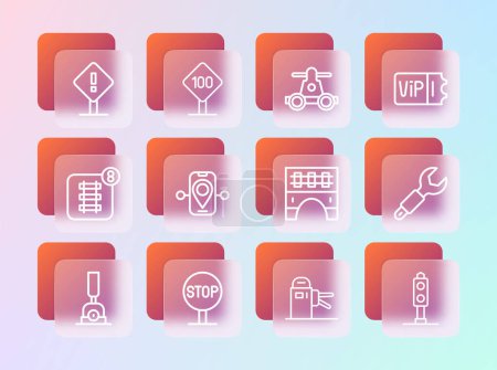 Set line Train ticket, Stop sign, Bridge for train, Turnstile, Route location, Handcar transportation, Exclamation mark square and Speed limit traffic 100 km icon. Vector