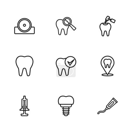 Set line Zahnimplantat, Klinik Standort, Tube Zahnpasta, Zahn, mit Karies und Bohrer, Hals-Nasen-Ohren-Reflektor, Gebrochen und Symbol. Vektor