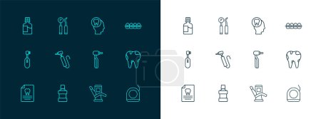 Set-Line-Zähne mit Zahnspange, Mundspülung, Zahnbohrer, Medizinzahnstuhl, Zahnschmerzen und Zahnspiegel und Sondensymbol. Vektor