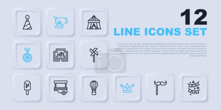 Set line Paper mustache on stick, Carnival garland with flags, Casino win, Jester hat bells, Unicycle, Fast street food cart, Cannon and Hot air balloon icon. Vector