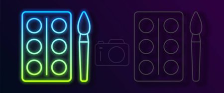 Glowing neon line Watercolor paints in box with paint brush icon isolated on black background.  Vector