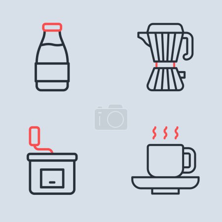 Set Kaffeemaschine Mokkakanne, Manuelle Kaffeemühle, Tasse und Milchflasche Symbol. Vektor