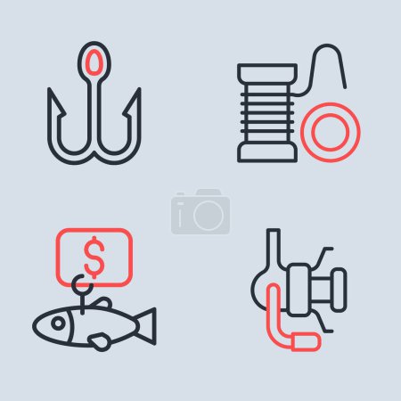 Set line Spinning reel for fishing, Price tag,  and Fishing hook icon. Vector