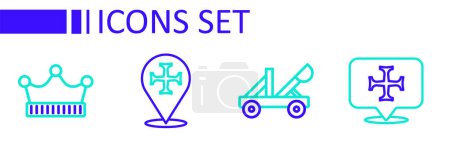 Illustration for Set line Crusade, Medieval catapult,  and King crown icon. Vector - Royalty Free Image