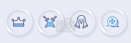 Set line Crusade, Medieval helmet, Skull with sword and King crown icon. Vector