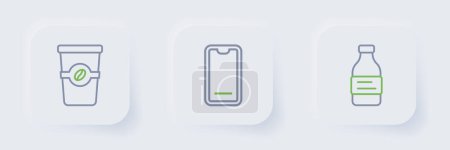 Set line Bottle of water, Food ordering on mobile and Coffee cup to go icon. Vector