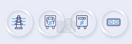 Set line Electrical outlet, meter, panel and tower line icon. Vector