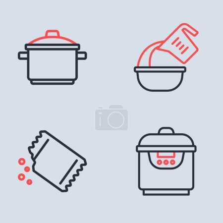 Set line Measuring cup and bowl, Packet of pepper, Slow cooker and Cooking pot icon. Vector