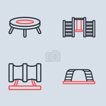 Set line Swedish wall, Kid playground slide pipe, Monkey bar and Jumping trampoline icon. Vector