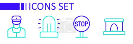 Set line Railway tunnel, Stop sign, Flasher siren and Train conductor icon. Vector
