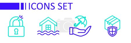 Set line Delivery security with shield, Umbrella in hand, House flood and Broken or cracked lock icon. Vector