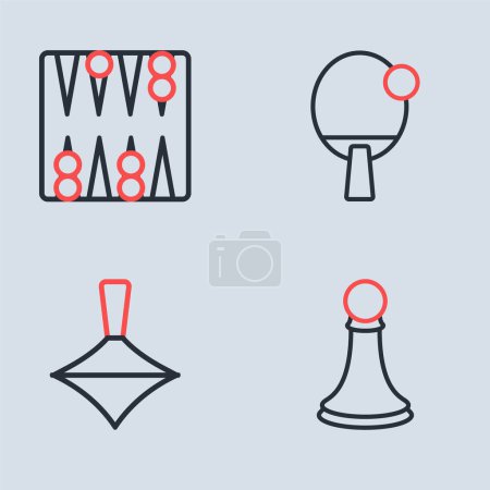 Set line Racket, Whirligig toy, Chess pawn and Backgammon board icon. Vector