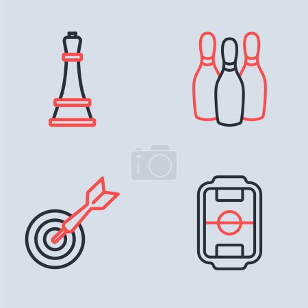 Set line Bowling pin, Classic dart board and arrow, Table football and Chess icon. Vector