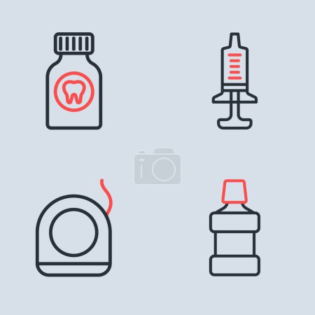 Illustration for Set line Syringe, Dental floss, Mouthwash and Toothache painkiller tablet icon. Vector - Royalty Free Image