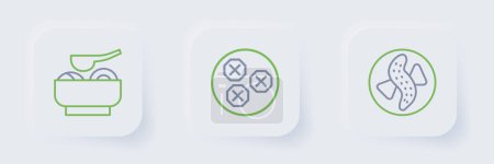 Set line Served cucumber on a plate, Wonton and Ramen soup bowl icon. Vector