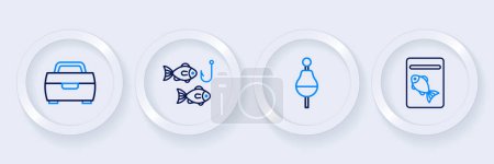 Set line Served fish on plate, Fishing float, hook with and  icon. Vector