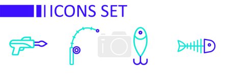 Set line Fish skeleton, Fishing lure, rod and hook icon. Vector