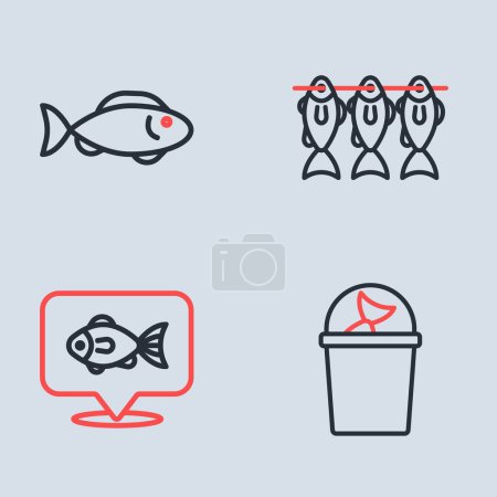 Illustration for Set line Case or box for fishing equipment, Location, Fisherman hat and  icon. Vector - Royalty Free Image