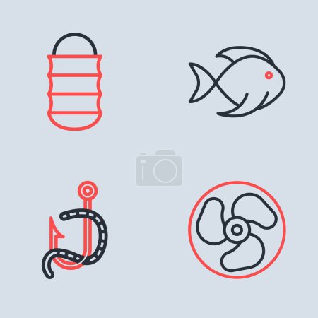Set-Line Angeleimer mit Fisch, Haken und Wurm, Außenbordmotor und Netzsymbol. Vektor