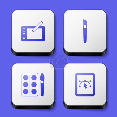 Set Graphic tablet, Paint brush, Watercolor paints box and Computer with design program icon. White square button. Vector