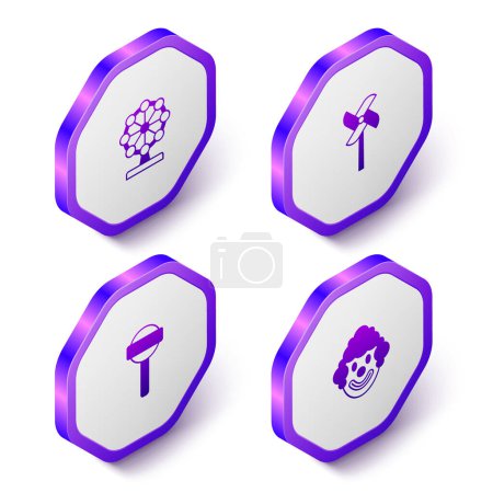 Ilustración de Set Isométrico noria rueda, Pinwheel juguete, piruleta y payaso icono de la cabeza. Botón hexágono púrpura. Vector - Imagen libre de derechos