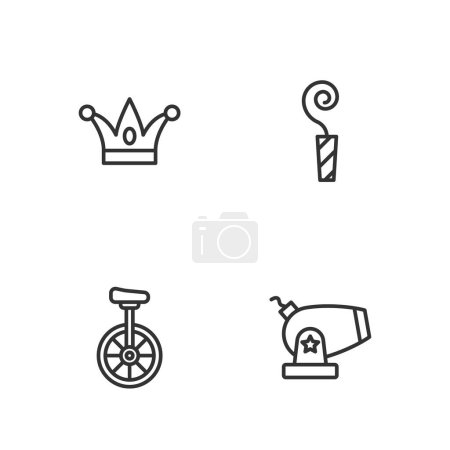 Set line Cannon, Unicycle, Jester hat with bells and Birthday party horn icon. Vector