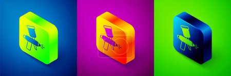 Isometric Paint spray gun icon isolated on blue, purple and green background. Square button. Vector