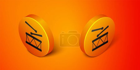 Ilustración de Tambor isométrico con palos de tambor icono aislado sobre fondo naranja. Signo musical. Símbolo del instrumento musical. Botón círculo naranja. Vector - Imagen libre de derechos