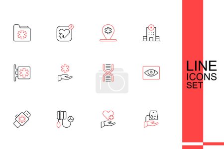 Illustration for Set line Blood donation, Heart with cross, pressure, Smart watch heart, Red eye effect, DNA symbol, Cross hospital medical and Emergency - Star of Life icon. Vector - Royalty Free Image